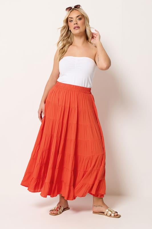 YOURS Plus Size Orange Tiered Maxi Skirt | Yours Clothing 1