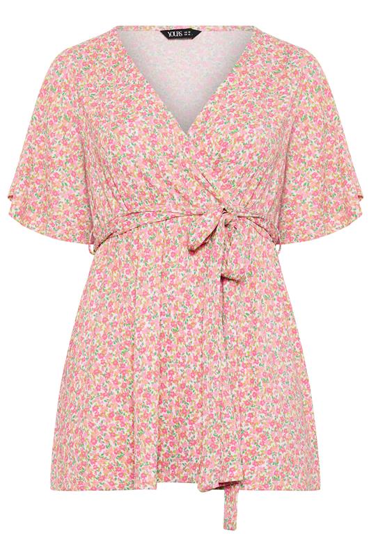 YOURS Plus Size Pink Floral Textured Wrap Top | Yours Clothing 5