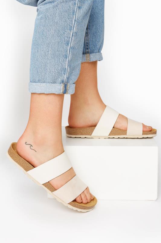 Off-White Leather Two Strap Footbed Sandals | Long Tall Sally 1