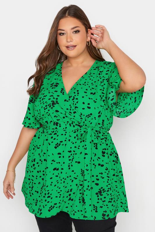 Plus Size  YOURS Curve Bright Green Dalmatian Print Wrap Top