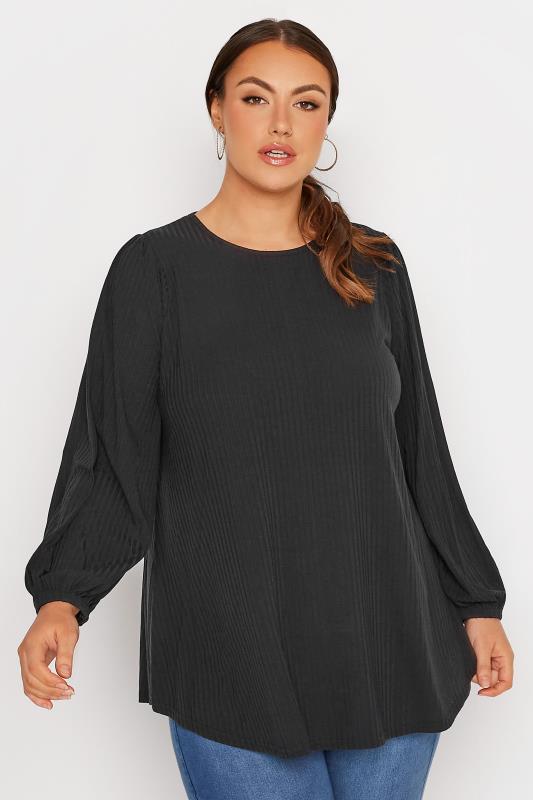 Plus Size  LIMITED COLLECTION Curve Black Balloon Sleeve Ribbed Top