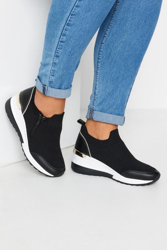 Black Metallic Trim Trainers In Wide E Fit | Yours Clothing 1