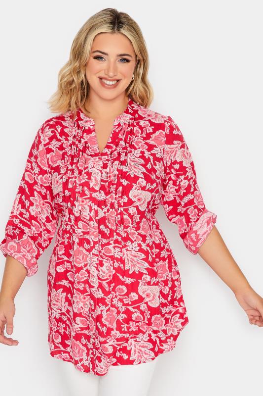 YOURS Curve Pink Floral Print Pintuck Shirt | Yours Clothing 1