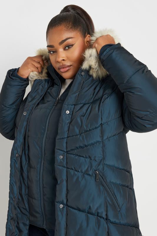 YOURS Plus Size Navy Blue Faux Fur Trim Puffer Coat Yours Clothing