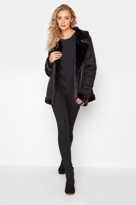 Tall Women's LTS Black Faux Fur Trim Aviator Jacket | Long Tally Sally 3