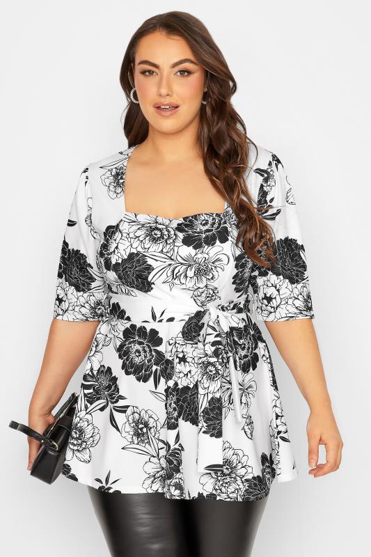 YOURS LONDON Plus Size White Floral Print Peplum Top | Yours Clothing 1