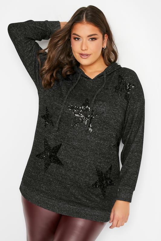 Plus Size Womens Curve Charcoal Grey & Black Sequin Star Hoodie | Yours Clothing 1