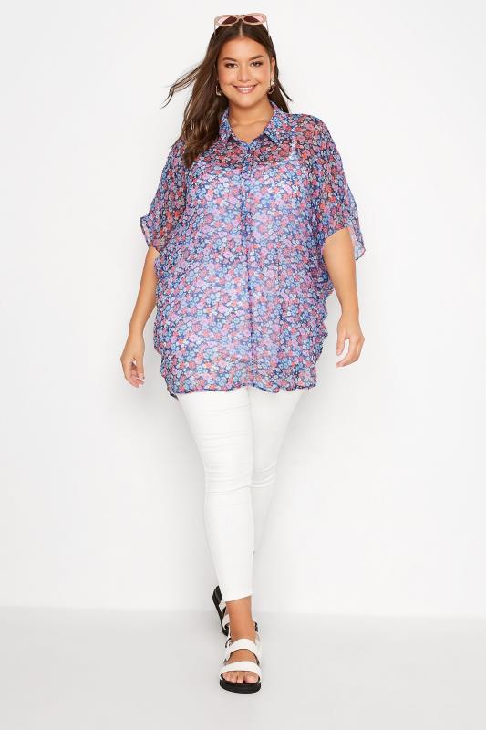 Plus Size Blue Floral Print Batwing Blouse | Yours Clothing  2