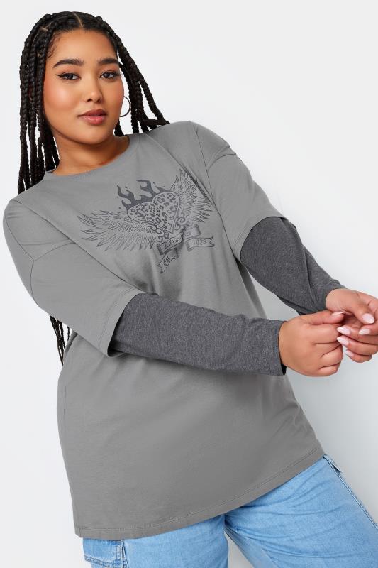 Plus Size  YOURS Curve Grey 2 In 1 Flame Heart Print Top
