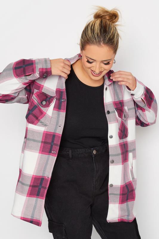 Curve Pink & White Check Shacket | Yours Clothing 1