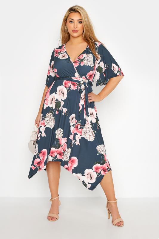 YOURS LONDON Plus Size Navy Blue Floral Hanky Hem Dress | Yours Clothing 1