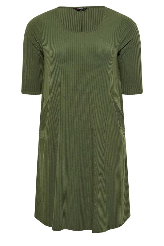 Curve Khaki Green Ribbed Drape Pocket Dress | Yours Clothing 6
