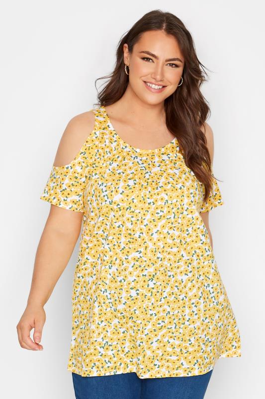 Plus Size  Curve White & Yellow Ditsy Print Cold Shoulder Top