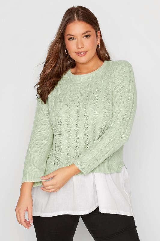 Plus Size  Curve Mint Green 2 In 1 Poplin Hem Cable Knitted Jumper