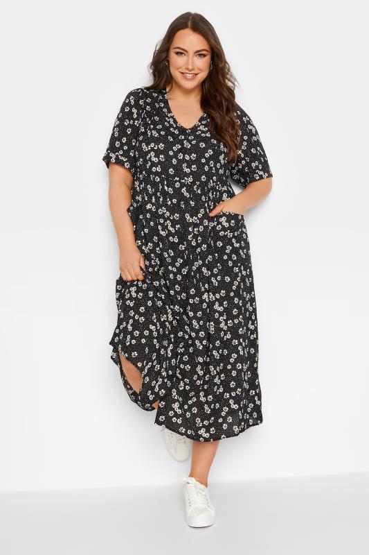YOURS Plus Size Black Daisy Print Smock Dress | Yours Clothing 2