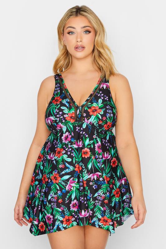 Plus Size  YOURS Curve Black Floral Print Swim Dress
