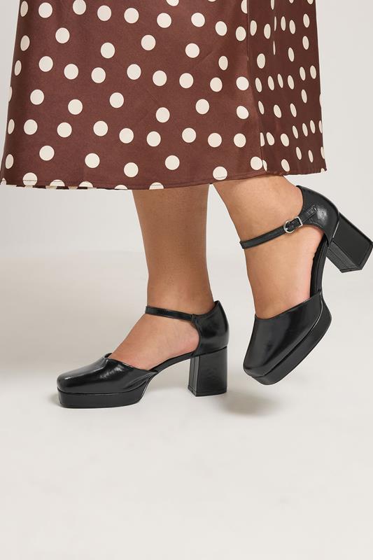  Tacones de bloque de plataforma de piel sintética negra en ajuste extra ancho EEE