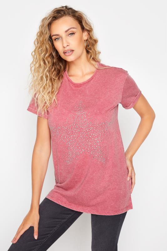 LTS Tall Pink Acid Wash Star Embellished T-Shirt 1