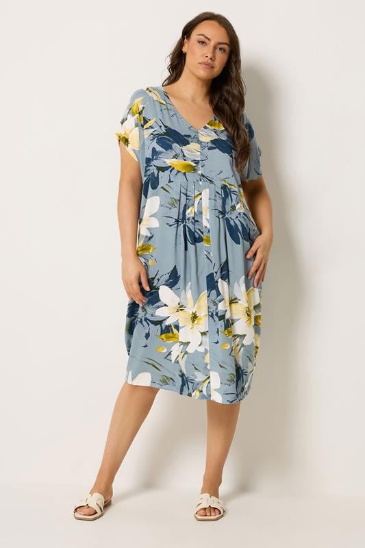 YOURS Plus Size Grey Floral Pleat Front Dress | Yours Clothing 1