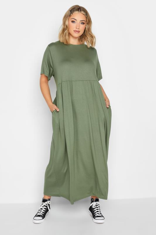 LIMITED COLLECTION Plus Size Khaki Green Pocket Maxi Dress | Yours Clothing 1