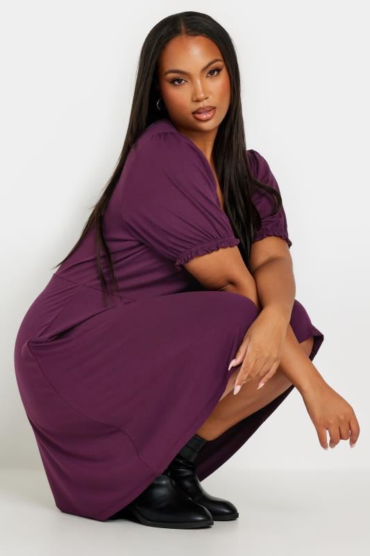 Plus Size  YOURS Curve Burgundy Red Puff Sleeve Mini Dress