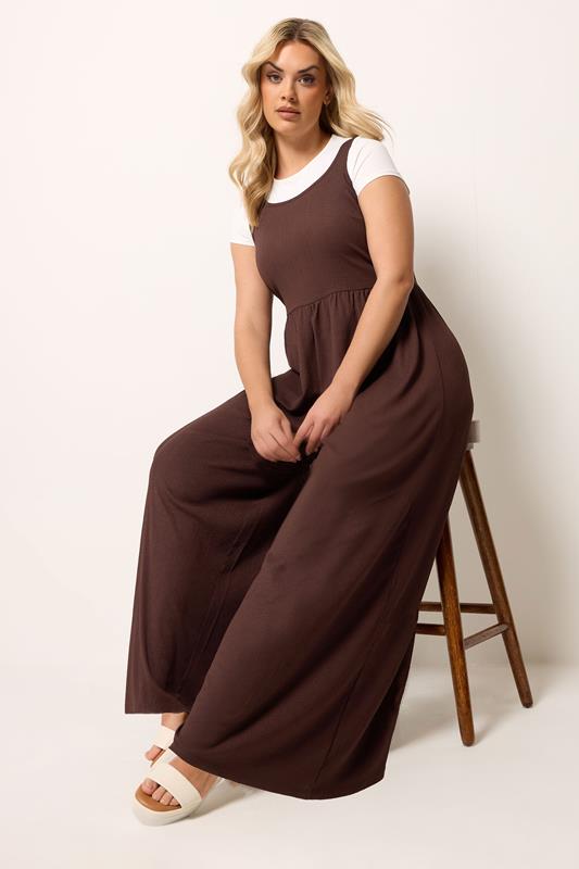 YOURS Plus Size Chocolate Brown Textured Jumpsuit | Yours Clothing 1