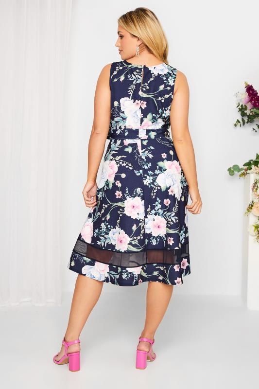 YOURS LONDON Plus Size Curve Navy Blue & Pink Floral Mesh Panel Skater Dress | Yours Clothing  3