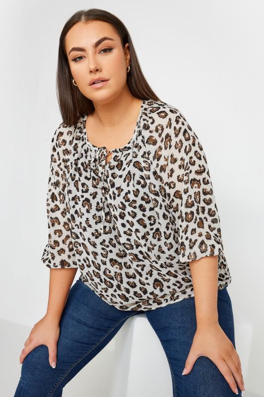 YOURS Plus Size White Leopard Print Tie Neck Blouse | Yours Clothing 1