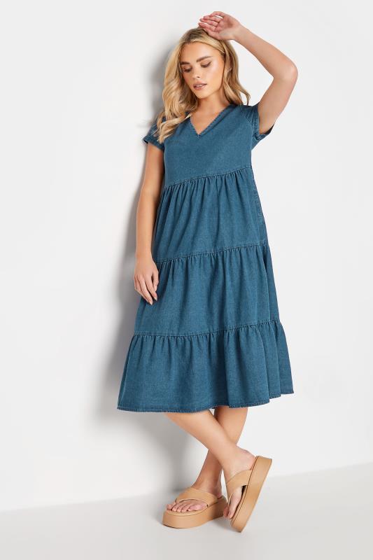 PixieGirl Petite Womens Blue Denim Tiered Midi Dress | PixieGirl 2
