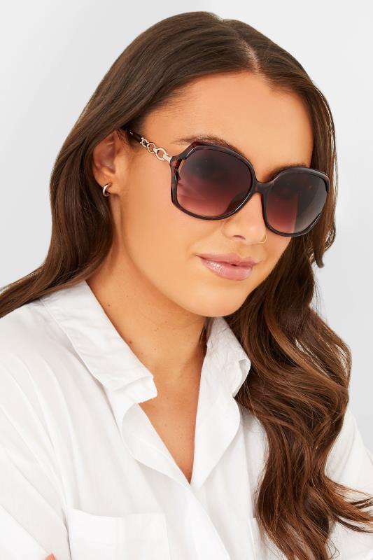 Plus Size  Brown Tortoiseshell Chain Oversized Sunglasses
