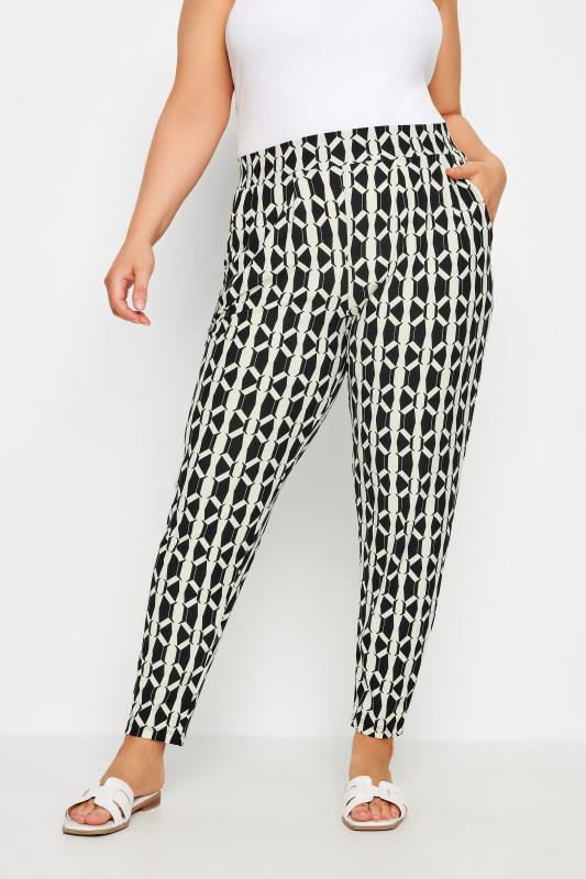 YOURS Curve Black Geometric Print Double Pleat Harem Trousers | Yours Clothing 1