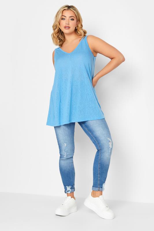 YOURS 2 PACK Plus Size White & Blue Linen Look Vest Tops | Yours Clothing 3