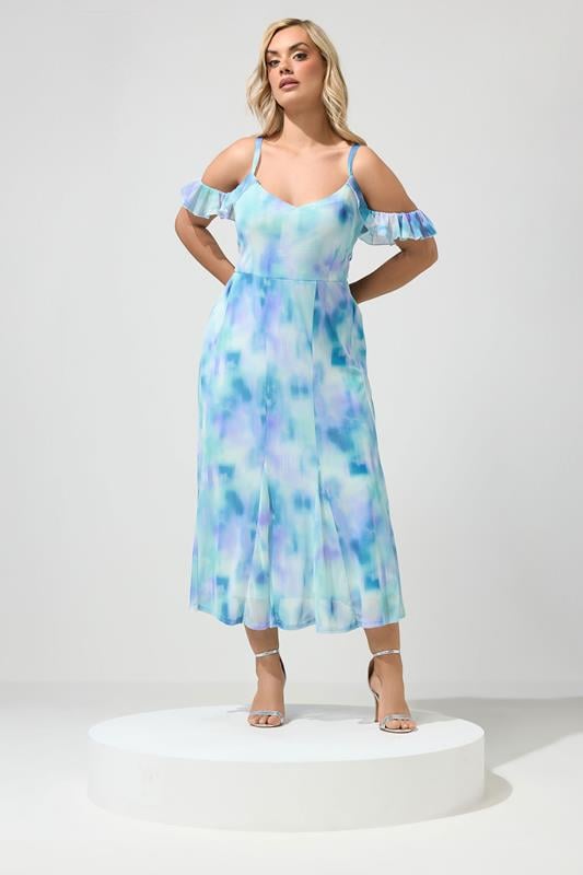 YOURS LONDON Plus Size Blue Abstract Colder Shoulder Dress | Yours Clothing 1