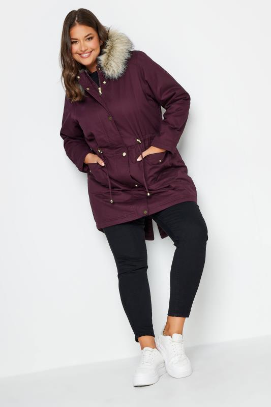 Plus Size  YOURS Curve Burgundy Red Faux Fur Hooded Parka Coat