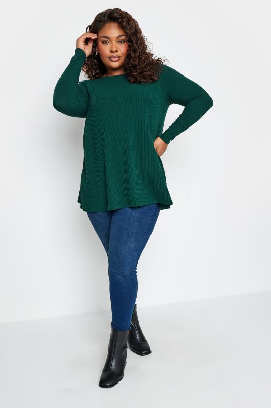 YOURS Plus Size Forest Green Long Sleeve Ribbed Swing Top | Yours Clothing