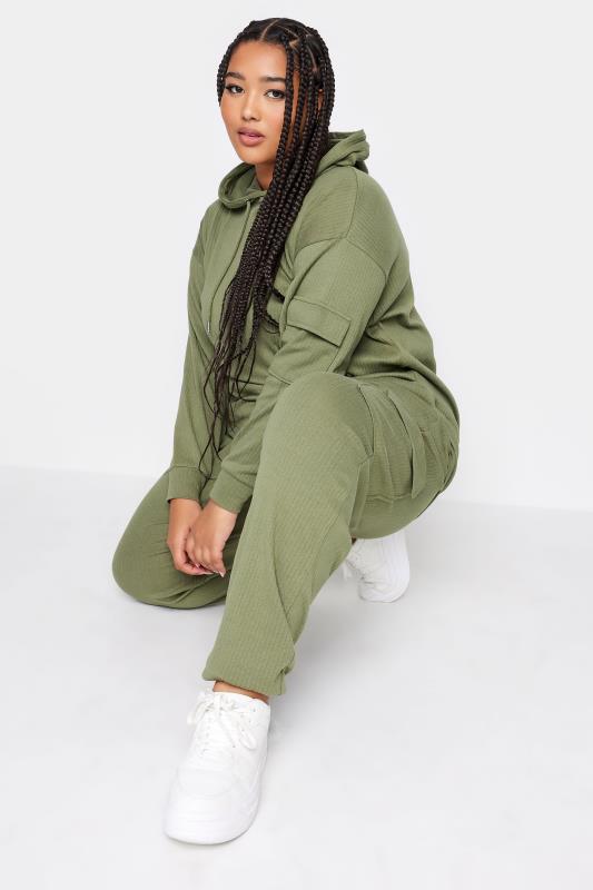 YOURS Plus Size Khaki Green Ribbed Cargo Joggers | Yours Clothing 4