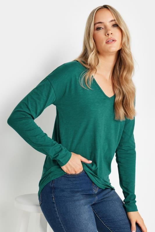 LTS Tall Dark Green V-Neck Long Sleeve Cotton T-Shirt | Long Tall Sally 1