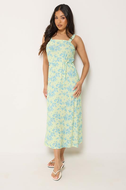 PixieGirl Petite Women's Yellow Floral Belted Midi Dress | PixieGirl 1