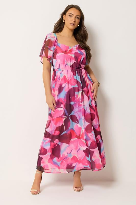 YOURS Plus Size Pink Floral Angel Sleeve Dress | Yours Clothing 2