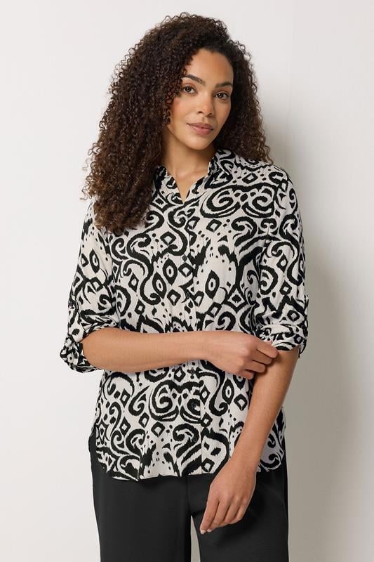 M&Co White & Black Ikat Print Tab Sleeve Shirt 1
