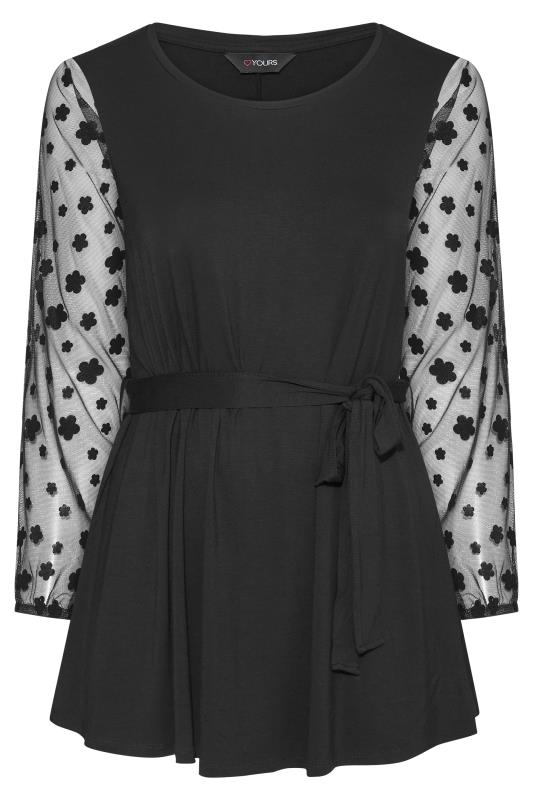 Plus Size Black Flocked Floral Mesh Sleeve Tie Waist Top | Yours Clothing 6