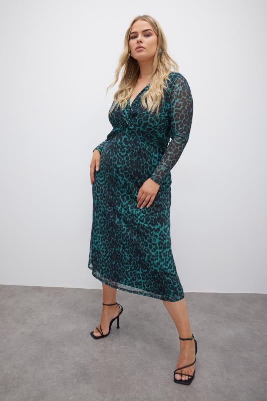  Tallas Grandes YOURS LONDON Curve Green Leopard Print Mesh Midaxi Dress