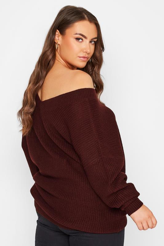 Curve Burgundy Red V-Neck Knitted Jumper | Yours Clothing 3