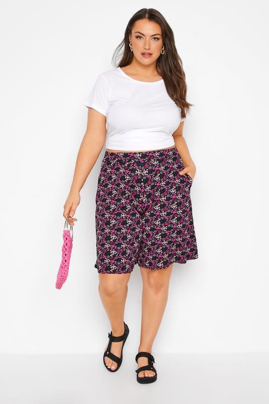 Curve Black & Pink Floral Print Jersey Shorts 2