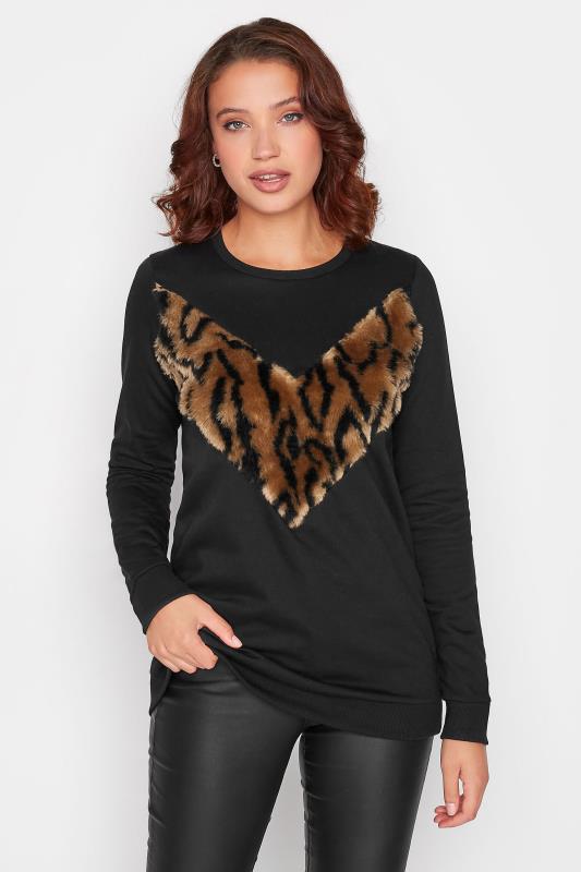 LTS Tall Black Leopard Print Panel Sweatshirt 1