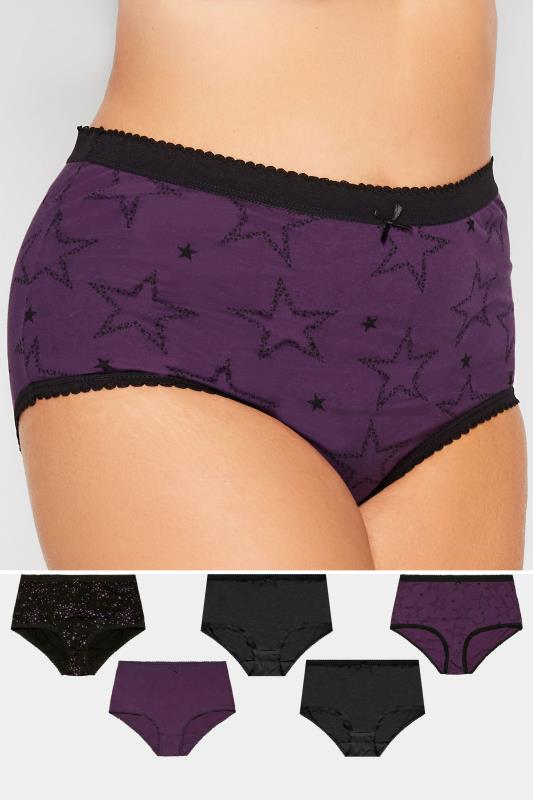 Plus Size  YOURS 5 PACK Curve Purple Star Print High Waisted Full Briefs