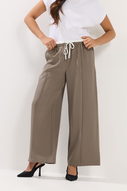 PixieGirl Petite Women's Natural Brown Contrast Waist Wide Leg Trousers | PixieGirl 2