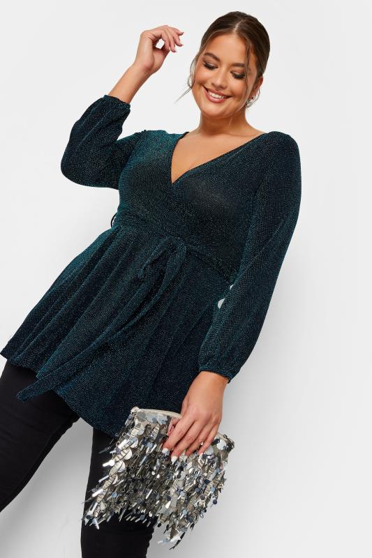 YOURS LONDON Plus Size Teal Blue Glitter Wrap Top | Yours Clothing 1