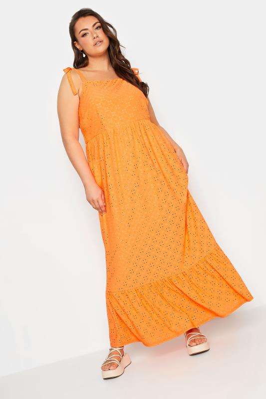 YOURS Curve Plus Size Bright Orange Broderie Anglaise Maxi Dress | Yours Clothing  2