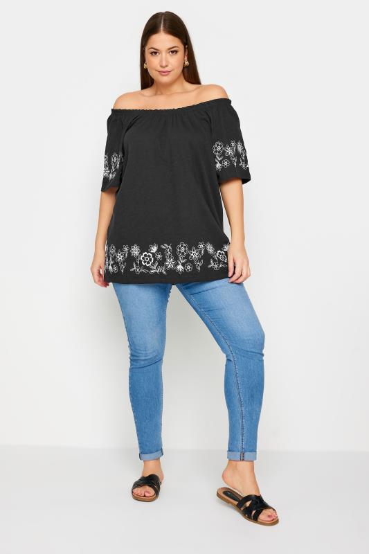 YOURS Plus Size Black Embroidered Detail Bardot Top | Yours Clothing 2